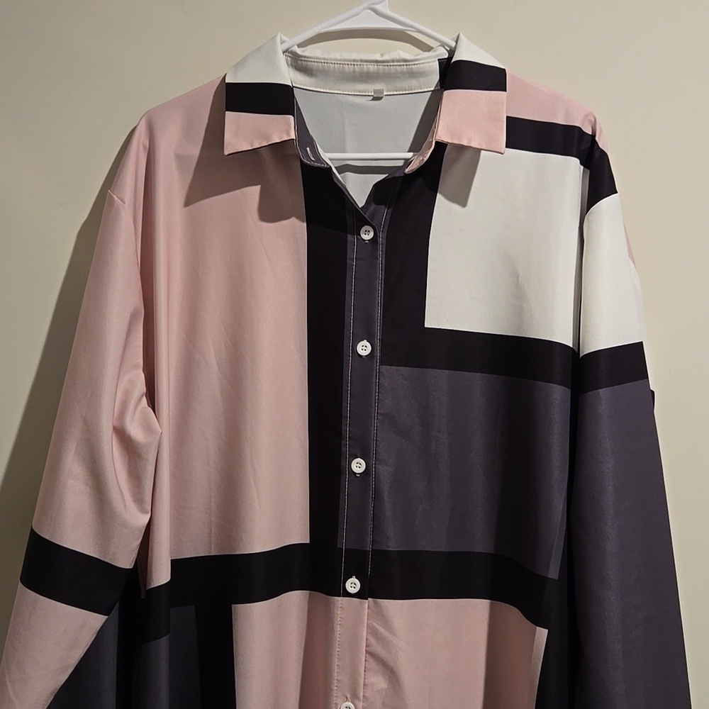 Shein pink gray black button down dress. Size 3X. - Picture 2 of 7